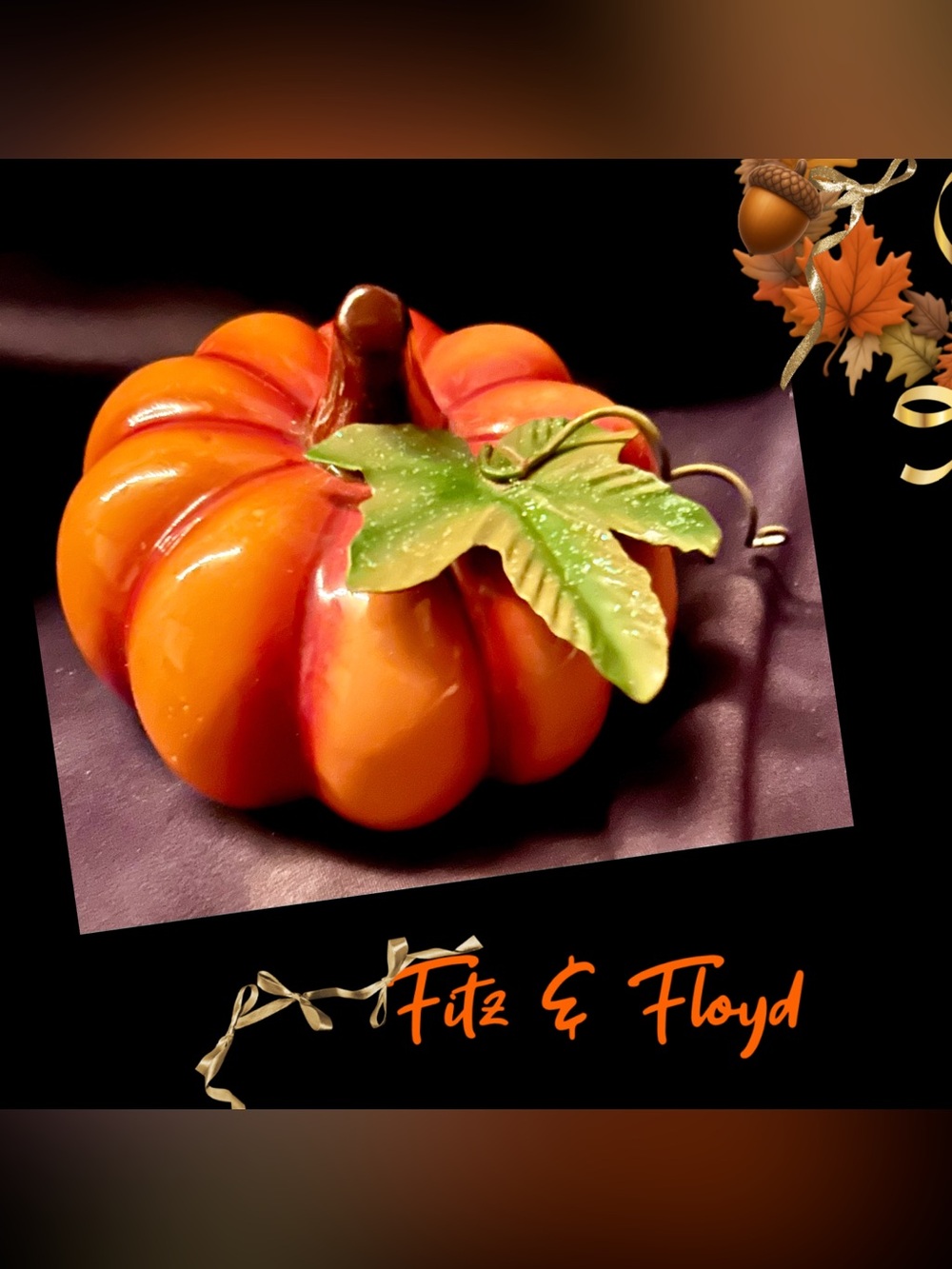 Fitz & Floyd Ceramic Pumpkin Accents - Orange with Green Leaf